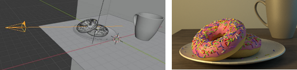 Image esthétique de synthèse à droite créée dans Blender à partir de la scène à gauche.