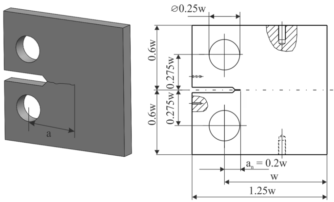 Geometry of the CT (Compact Tension) specimen and its associated finite element mesh